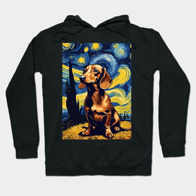 Cute Dachshund Dog Breed Painting in a Van Gogh Starry Night Art Style Hoodie by Art-Jiyuu